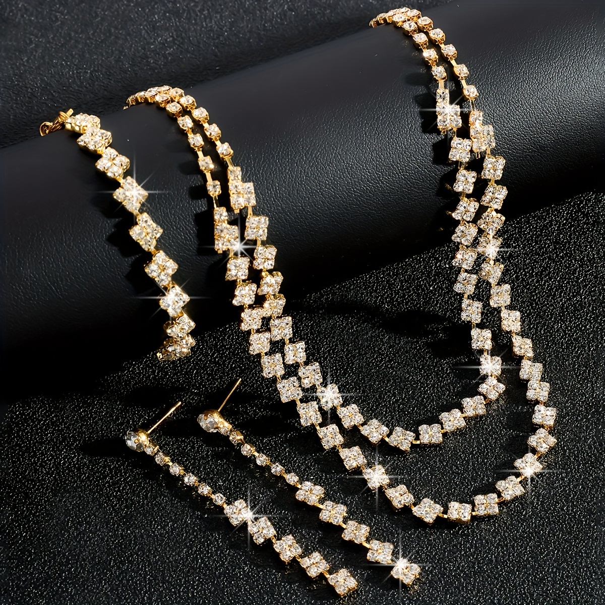 Sparkling Rhinestone Double Layer Necklace and Earrings Set for Bride