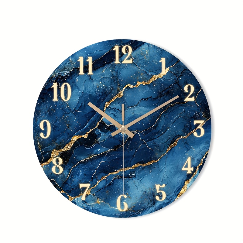 TEMU 1pc Modern Silent Non-ticking Wall Clock - Round Wood Frame With Blue Marble Texture &, Hd Glossy Lamination Suitable For Kitchen, Bedroom,