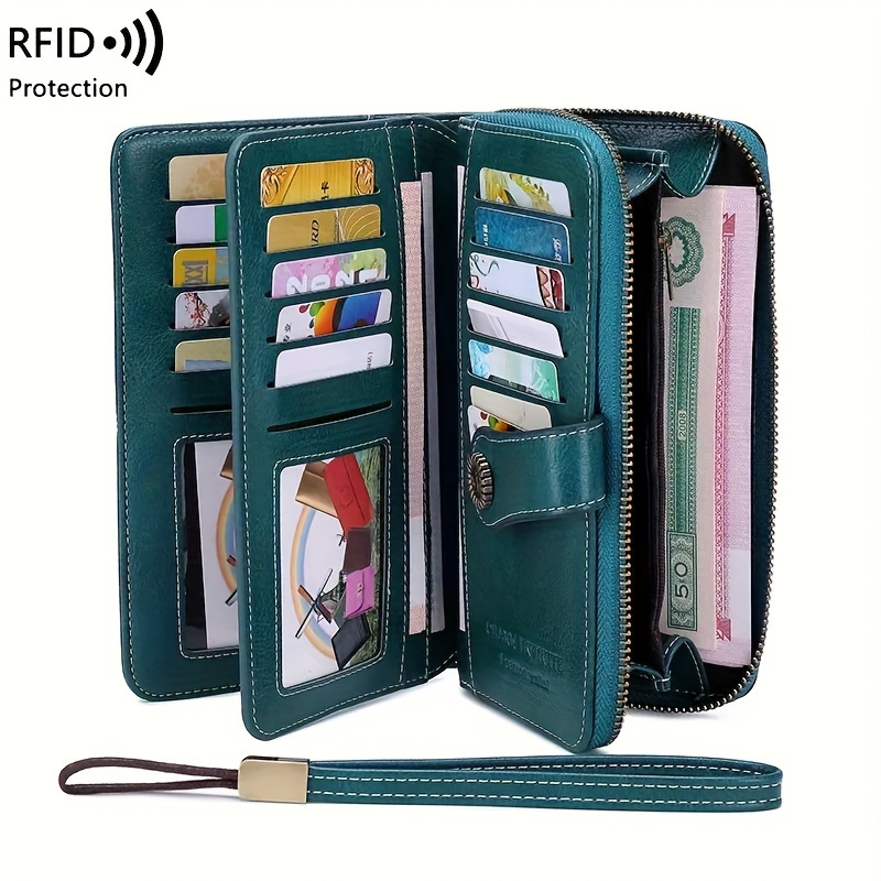 

Rfid Blocking Retro Large Capacity Long Wallet Pu Leather Solid Color Women's Purse Multi-functional Zipper Wallet With Wrist Strap Passport Ticket Credit Card Holder Can Large Screen Phone