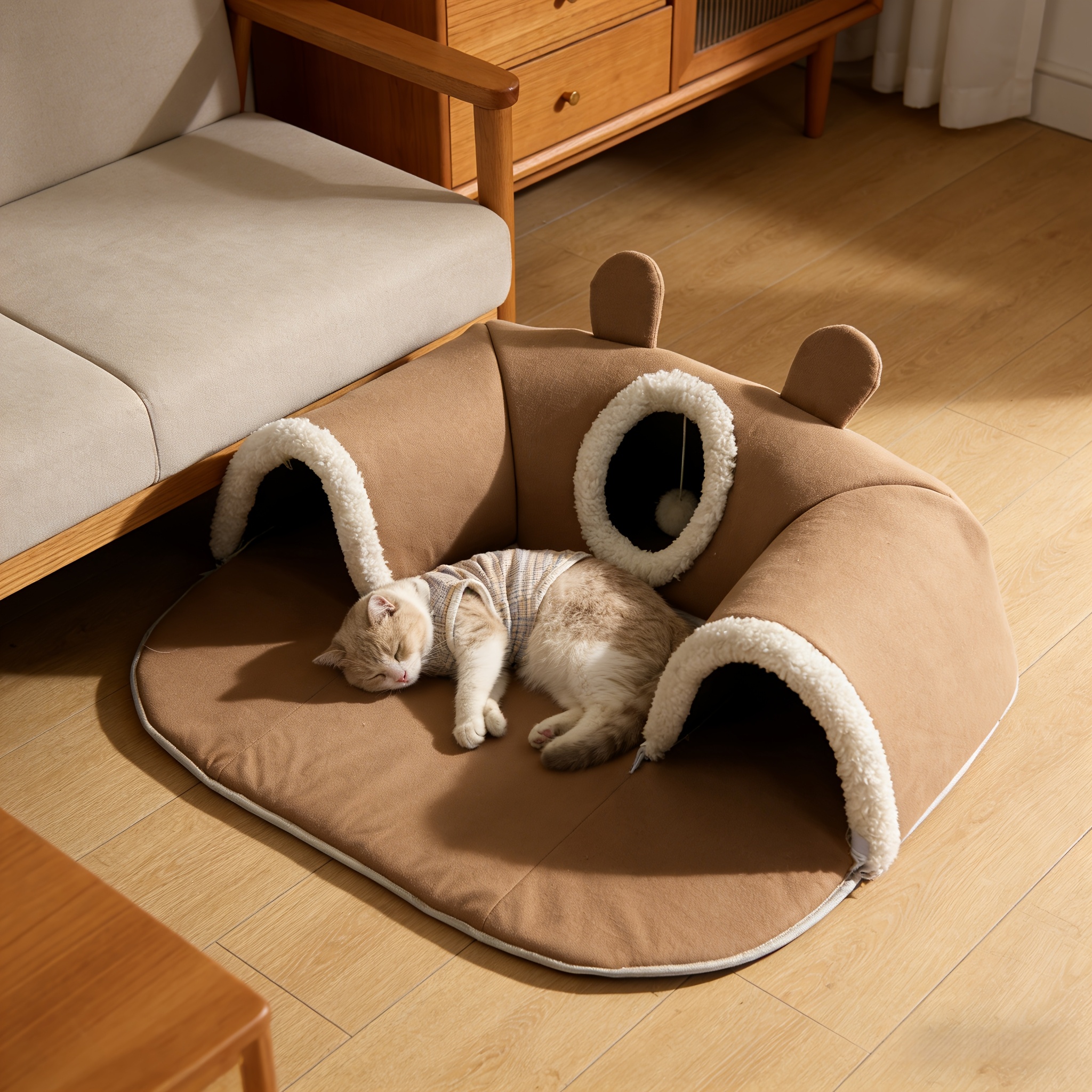 Cute Bear-Shaped Cat Bed Tunnel, Detachable & Washable