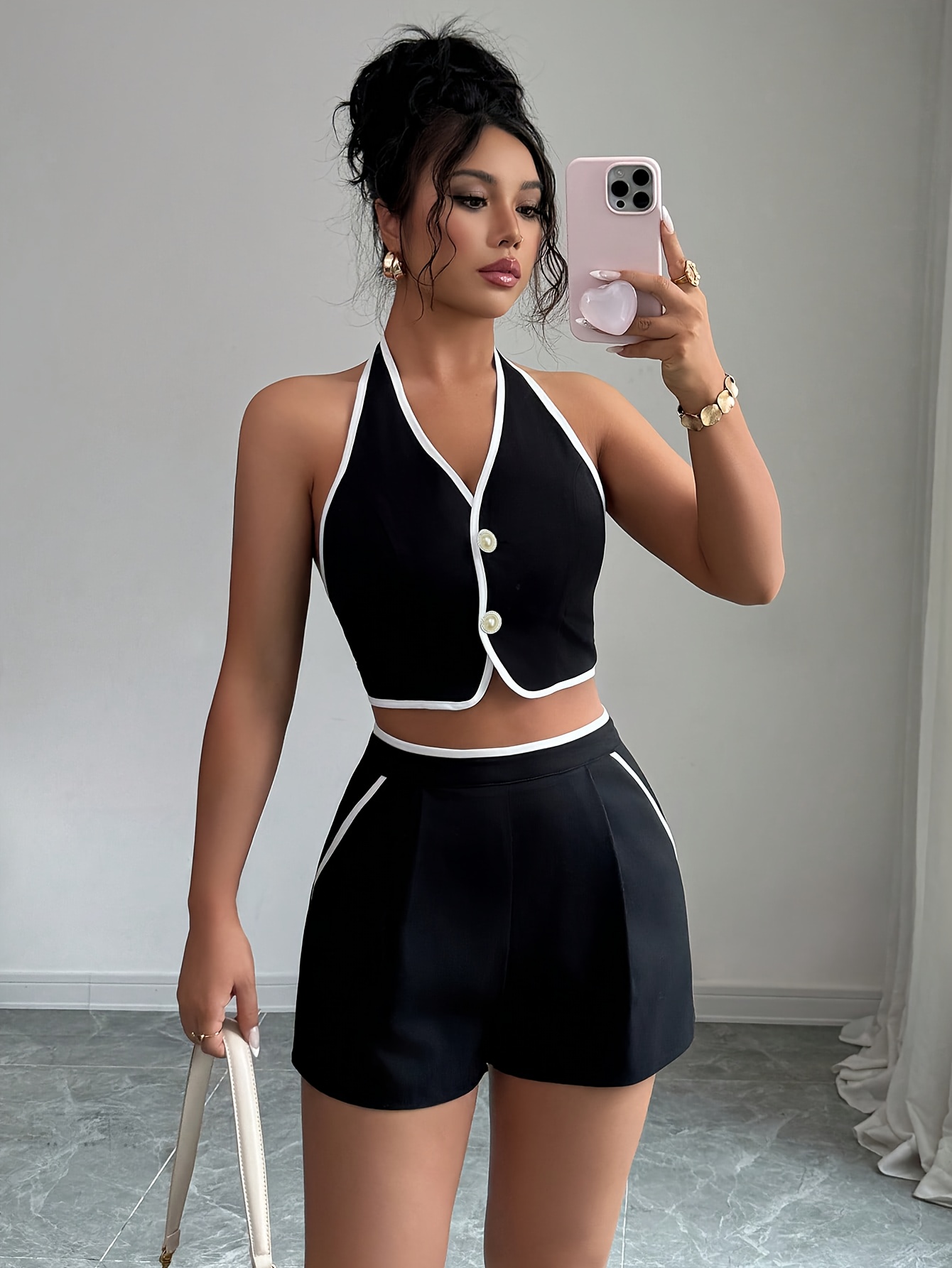 Conjunto de Shorts y Chaleco Elegante con Cuello Halter y Lazo Trasero para Mujer - Imagen 6