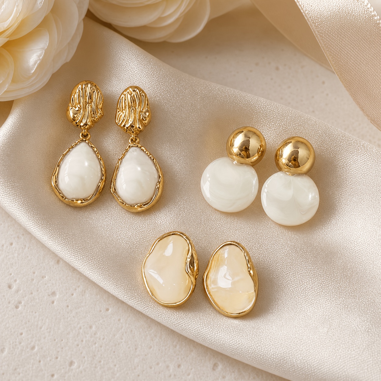 TEMU Juego de 3 de aretes dorados y blancos para mujer, aretes colgantes de jaspeada, de redonda y de perno irregular, joyería elegante para uso