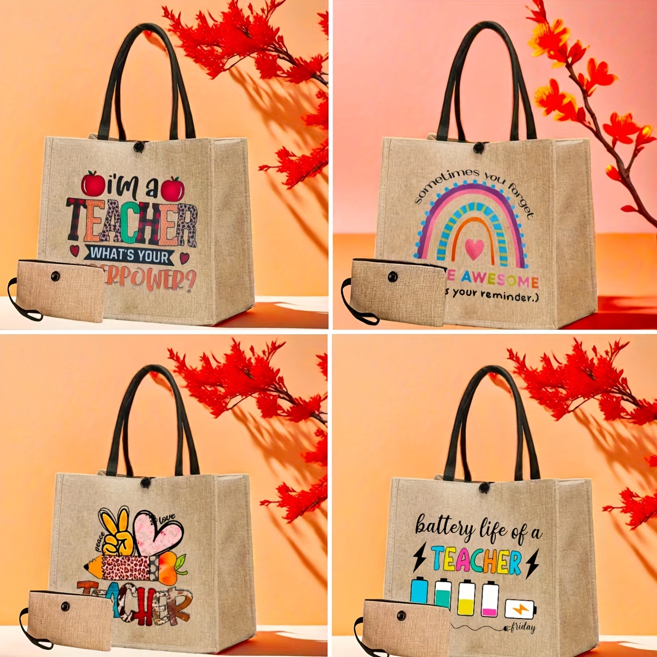 

2pcs Teachers Letters Print Tote Bag Set, Gift For Best Teachers, Lightweight Burlap Shopping Bag, Portable Travel Beach Bag With Makeup Bag