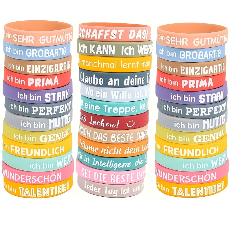 Image of Gift For Her/him 50pcs German Inspirational Wristbands, 24 Styles, Unisex For Men, Women, And Teens, Perfect For Home, Office, And Graduation Party Wristbands