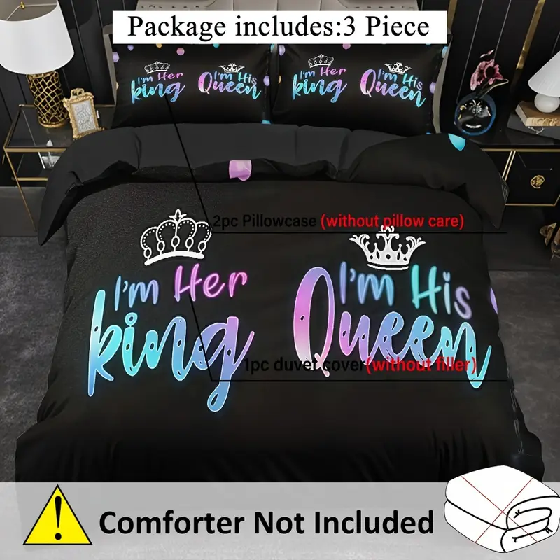 3pcs couple duvet cover set soft high definition black with colorful text breathable polyester perfect gift for machine washable 1 duvet cover 2 pillowcases no insert Product details 1