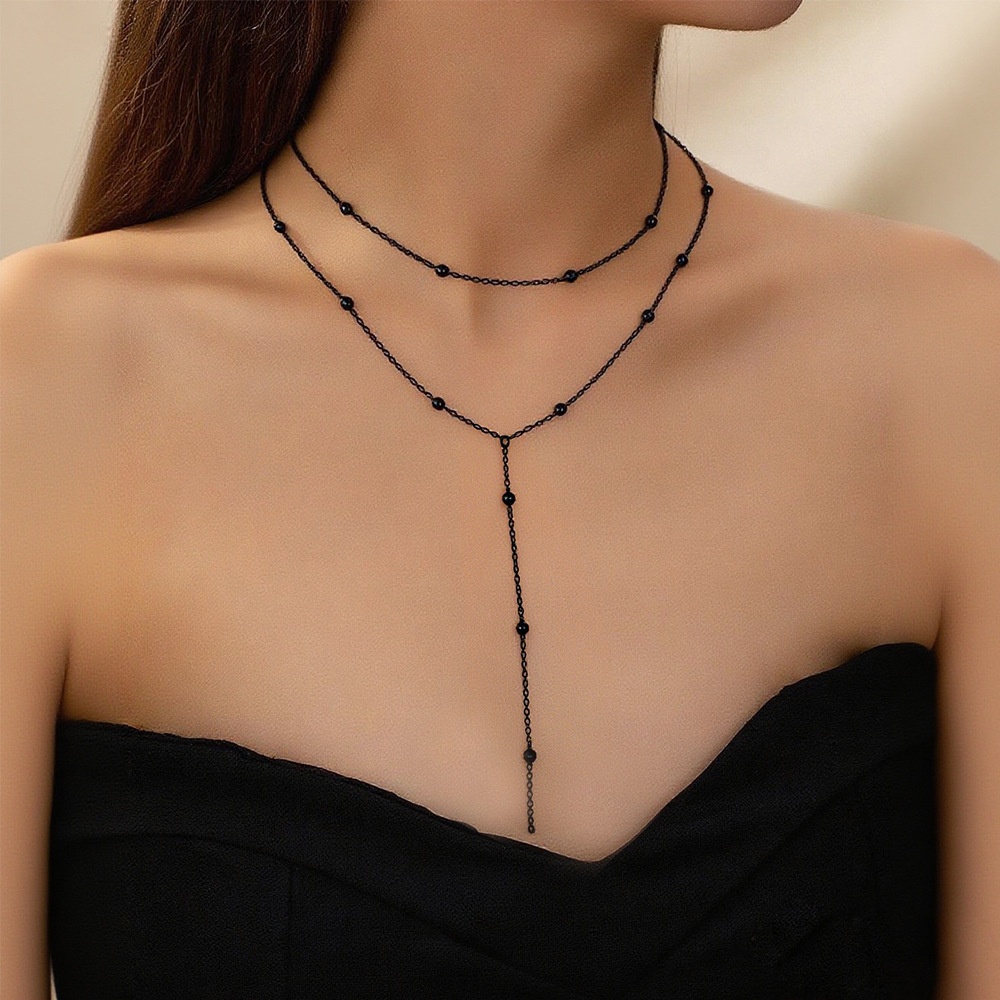 TEMU 1pc Of Women's Elegant Gothic Black Beaded Alloy Y-necklace Suitable For Party , Dinner Dresses
