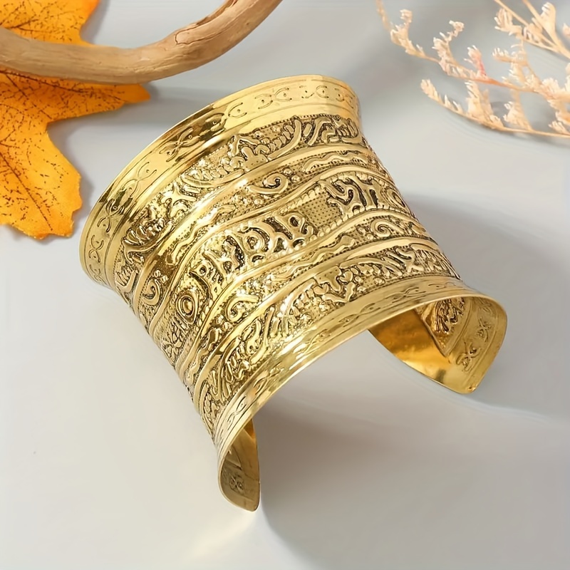 

1pc Adjustable Wide Cuff Bracelet, Vintage Ethnic Floral Engraved, Fashion Punk Style, Ladies Armlet, Open Design Middle Eastern Jewelry