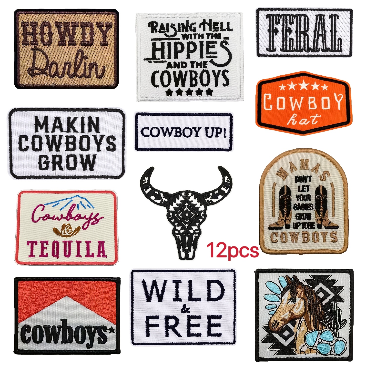 TEMU 12 pièces Ensemble Créatif de Patchs Brodés Style Cowboy Western pour Vêtements, Chaussures, Chapeaux, Sacs - Patchs Décoratifs à Repasser ou à