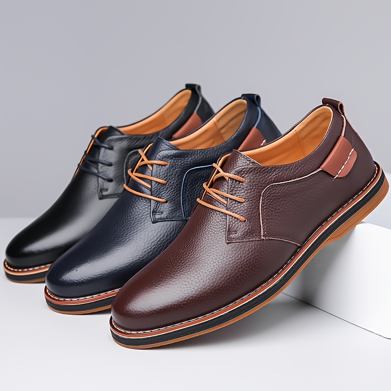 Men'S Genuine Cow Faux Leather Dress Shoes - Sleek Lace-Up Business Casual Footwear with Non-Slip Rubber Sole, Available in Navy Blue, Black, Olive Green, and Brown, All-Season Comfort, Faux Leather Lining, Perfect for Work, Parties, and Casual Attire, Versatile Dress Shoes | Sleek Shoe Design | Shoes