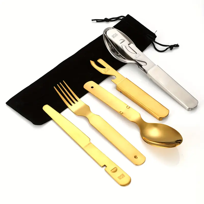 personalized customization 4pcs stainless steel portable outdoor tableware set suitable for travel with knife bottle opener and storage bag outdoor combination tableware camping outdoor travel and silvery Product details 3