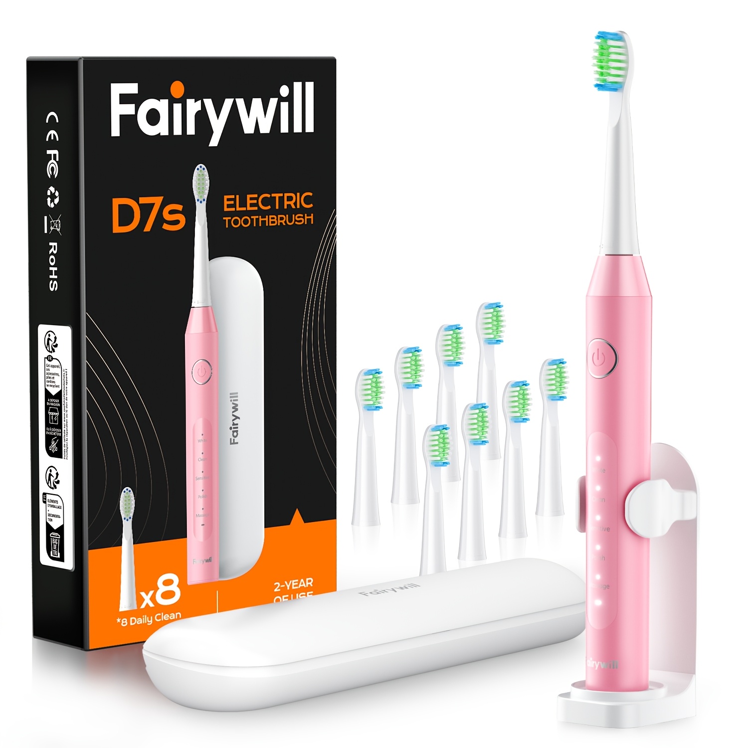 Fairywill Electric Toothbrush For Adults, Rechargeable Kit With 8 Brush Heads & Travel Case, 47000 Vpm, 5 , Fast Charge, 60-day Battery