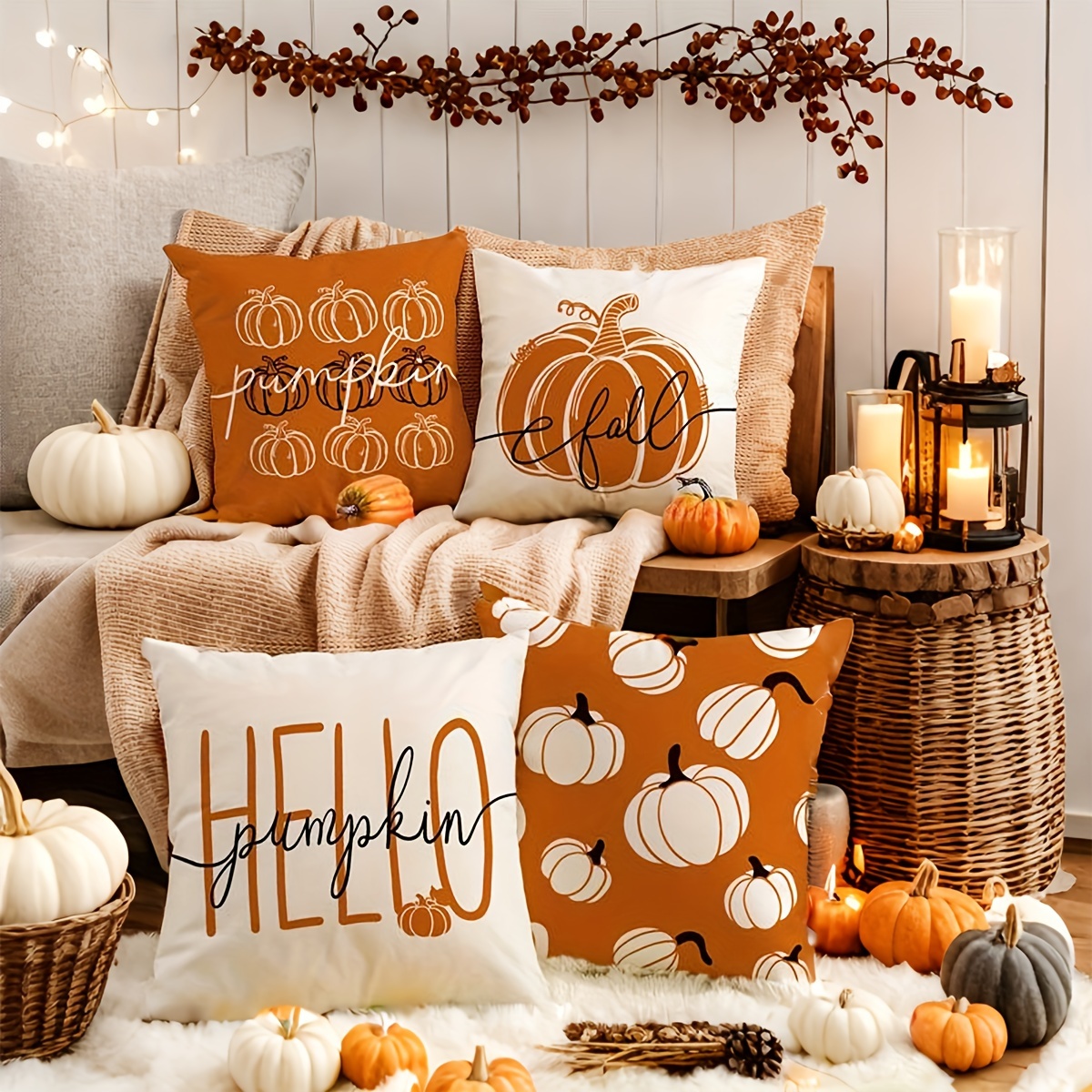 

Hello Pumpkin 18x18 Inch Linen Throw Pillow Cover - Autumn Orange & White, Thanksgiving & Farmhouse Decor, Zip Closure, Machine Washable