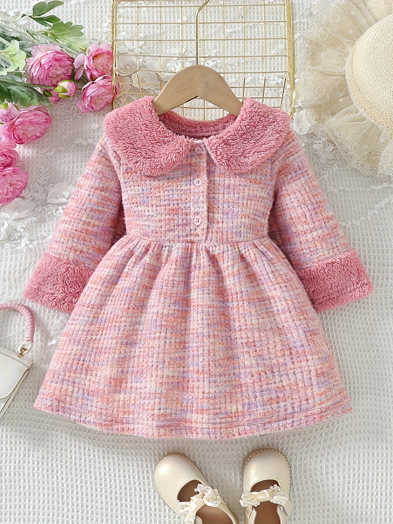Girls' Autumn/Winter Delicate Pink Dress, Valentine's Day Princess Dress,  Fresh and Cute * Warm and Comfortable Dress, Little * Look, Turn- Collar  Dress, Soft and Adorable Fuzzy Trim Outfit, 