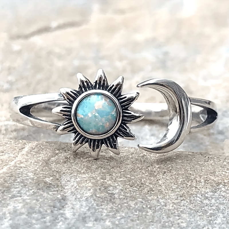 Synthetic Opal Sun Open Rings With Bohemian Retro Inlay For Women, Suitable For Banquets, Vacations, And Casual Wear