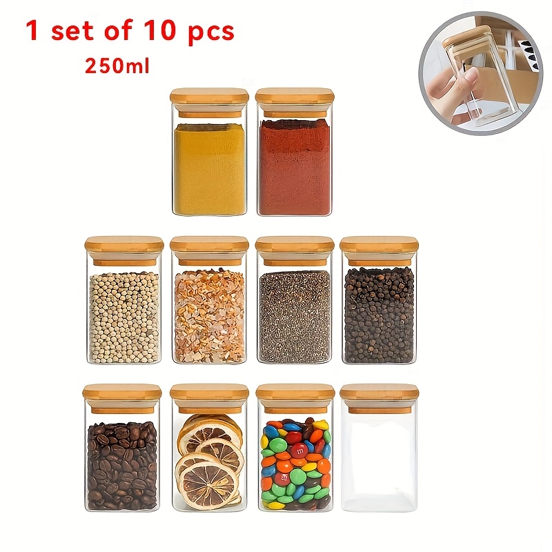 E-shop 10er Pack - 250ml (8oz) - Quadratische Glas-Gewürzgläser mit Natur-Bambusdeckeln, Luftdichte Gewürzaufbewahrungsbehälter, Kleine