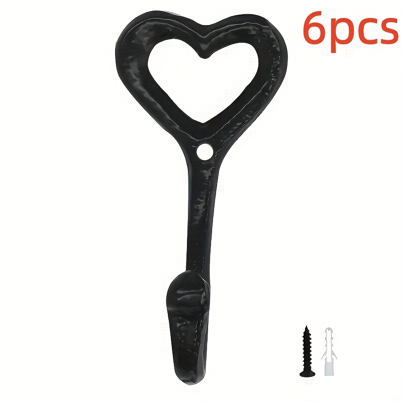 E-shop 6er-Pack Schwere Schwarze Herzförmige Gusseisenhaken - Wandmontierte Haken für Mäntel, Jacken, Hüte, , Schlüssel & Handtücher - Dekorative