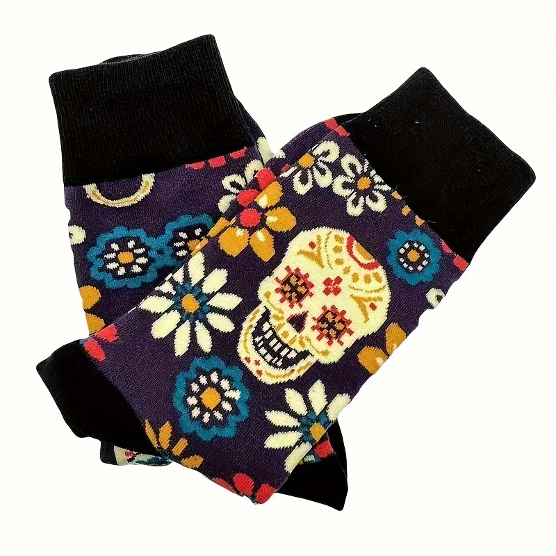 Men's Fashion Floral Skull Pattern Crew Socks - Comfortable, Breathable Knit Fabric