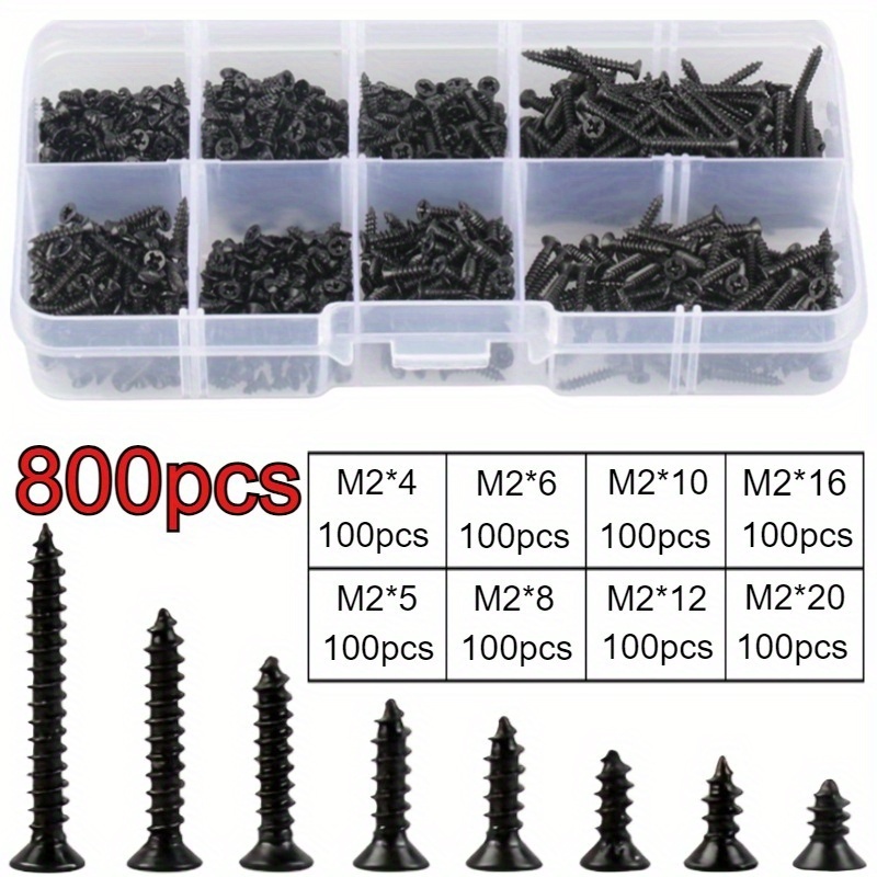 Kit de 800 Piezas de Tornillos Autorroscantes M2, Varios Tamaños y Estilos - Material Metálico Duradero con Hilo Espiral y Cabeza Plana, Ideal para Reparaciones en Carpintería y Montaje Eléctrico, Incluye Caja de Almacenamiento Práctica - Imagen 6