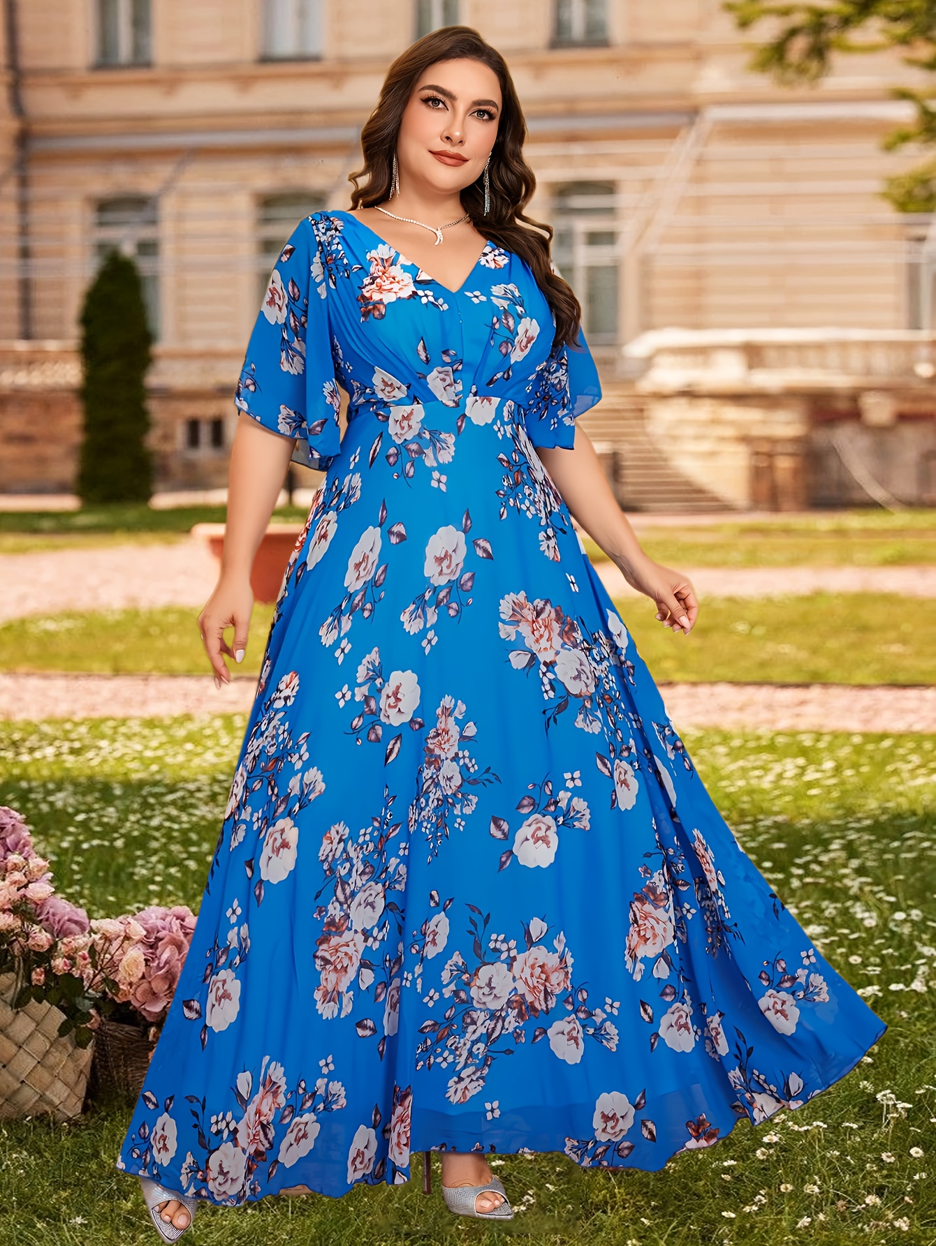 elegant v neck ruffle sleeve floral chiffon gown extra long Temu