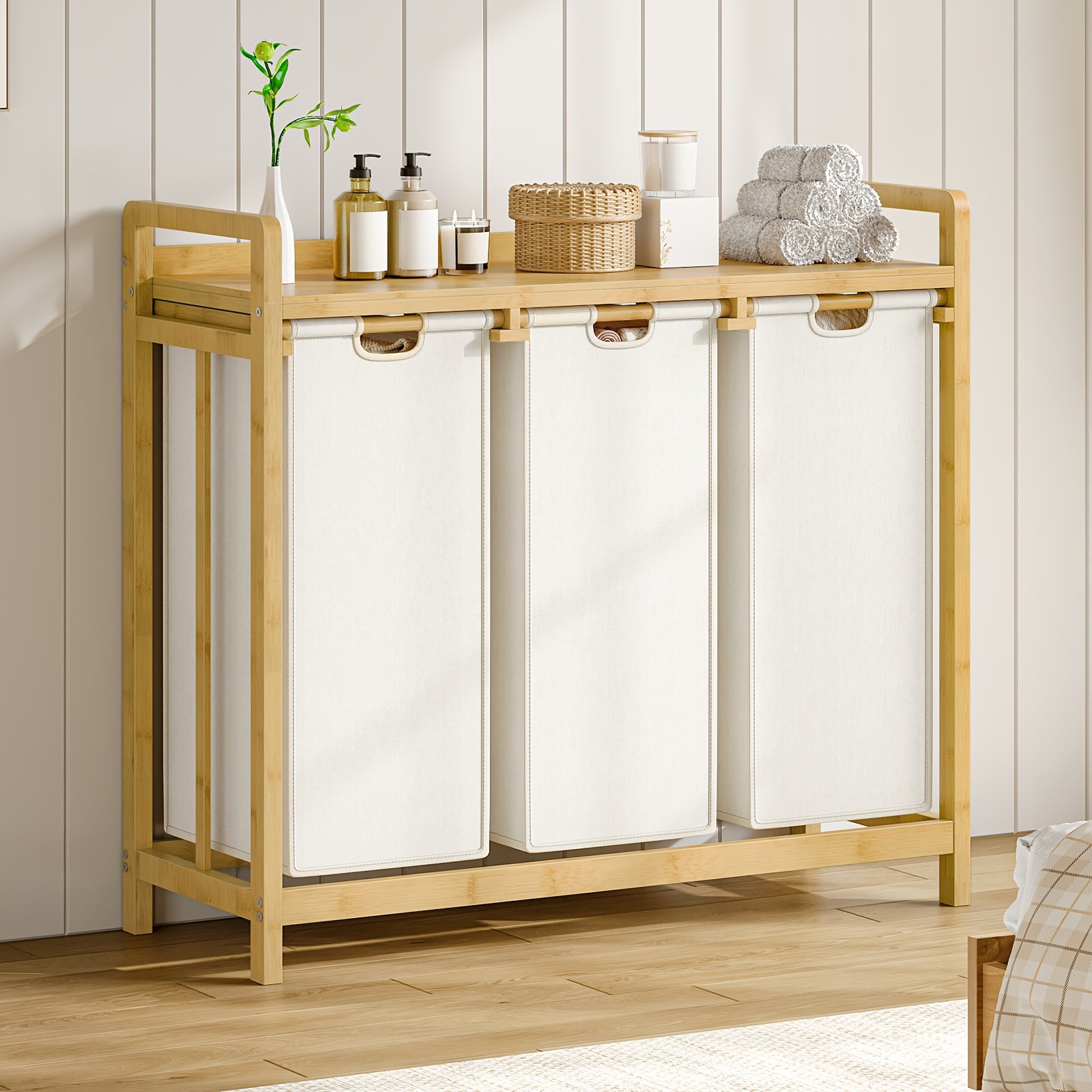 TEMU Portable Storage Bucket, Wooden Color 3 Pocket Non- Laundry Cart, Oxford Cloth Storage Bag, Multifunctional Storage, Easy To Move, Suitable For