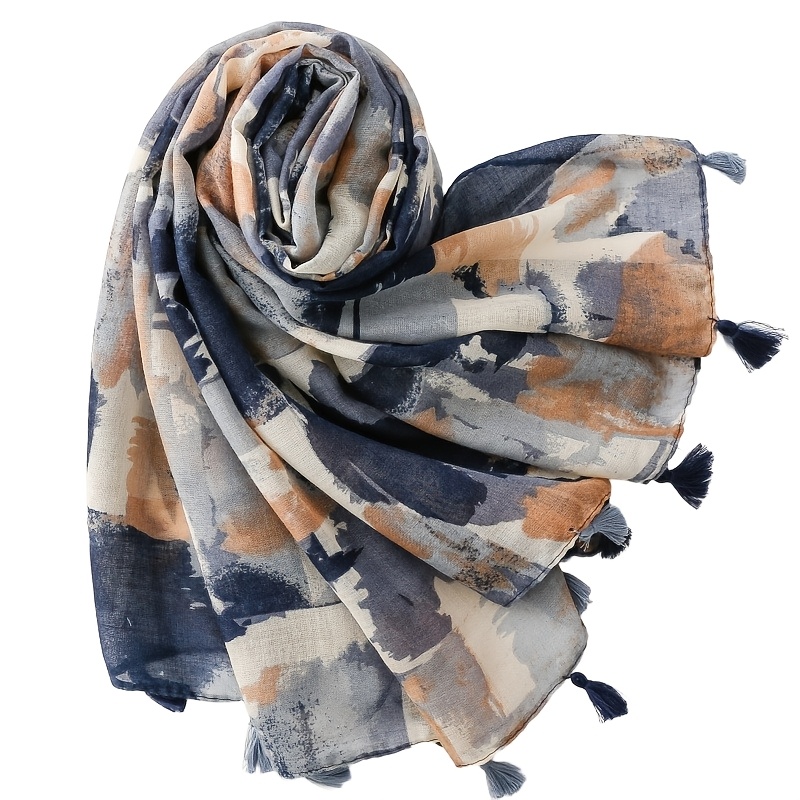 Women's Vintage Chinese Ink Wash Scarf - Watercolor Fringe Shawl & Neck Wrap, Warm Non-Stretch Collar for Autumn Winter, Elegant Accessory Suitable for Casual Outfits, Hand Washable Retro Print Scarves