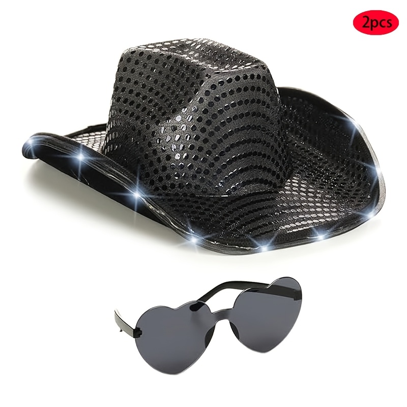 LED *-the-Dark Cowboy Hat with Lighted Brim Hat for Adults, Weddings,  Birthdays, Halloween, Christmas LED Lighted Cap with Bat