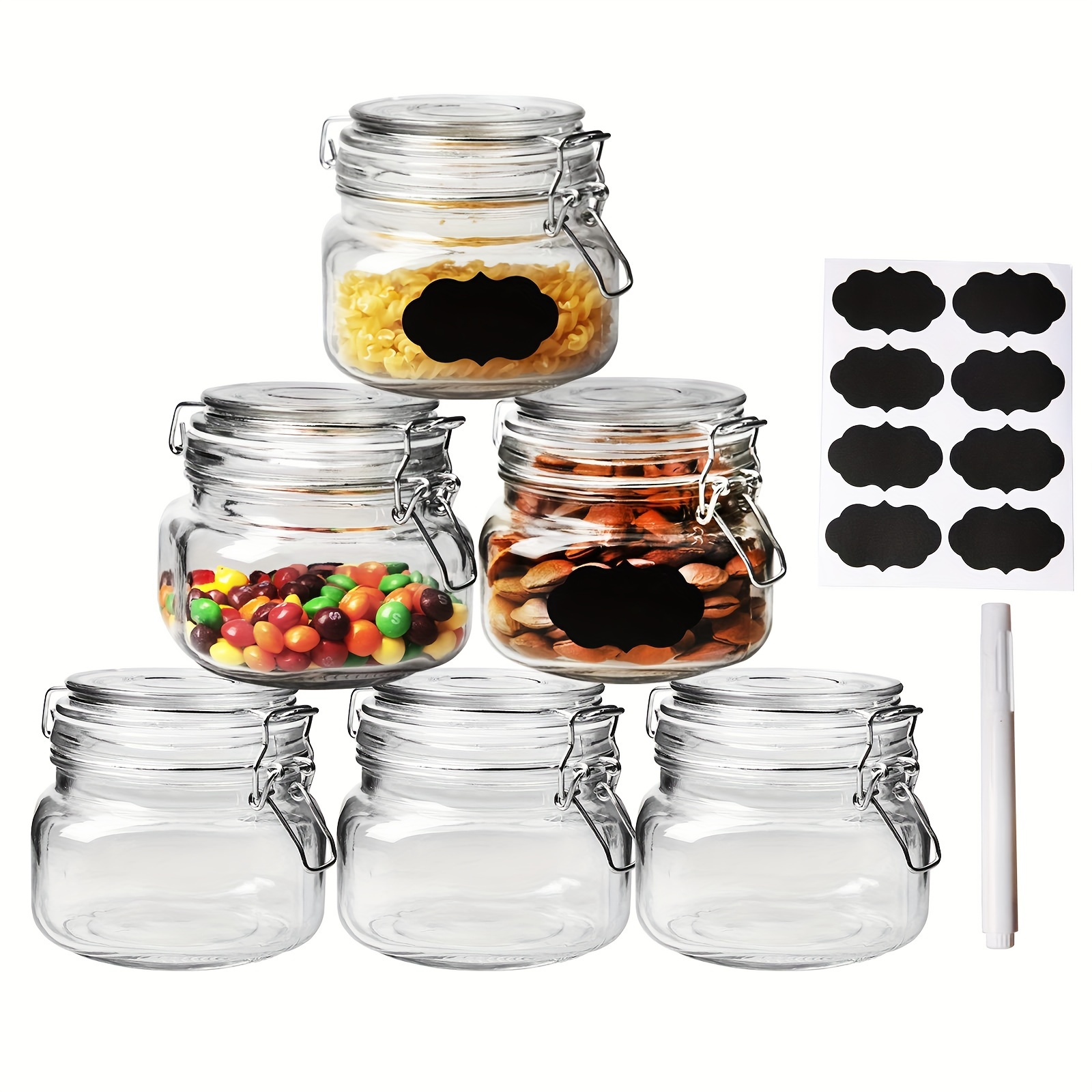 

6 Pack Wide Mouth Mason Jars 500 Ml, 17oz Airtight Glass Preserving Jars With Leak Proof Rubber Gasket And Clip Top Lids, Perfect For Storing Coffee, Sugar, Flour Or Sweets - 8 Labels & 1 Chalk Marker