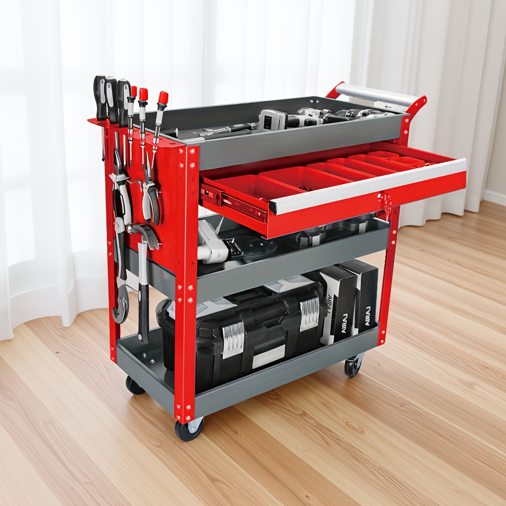 Image of 3-layer Rolling Tool Cart, Wheeled Mechanical Tool Cabinet, Toolbox With Drawers And Swivel Wheels, Equipped With Safety Lock System And Brake Wheels, Suitable For Home Garages And