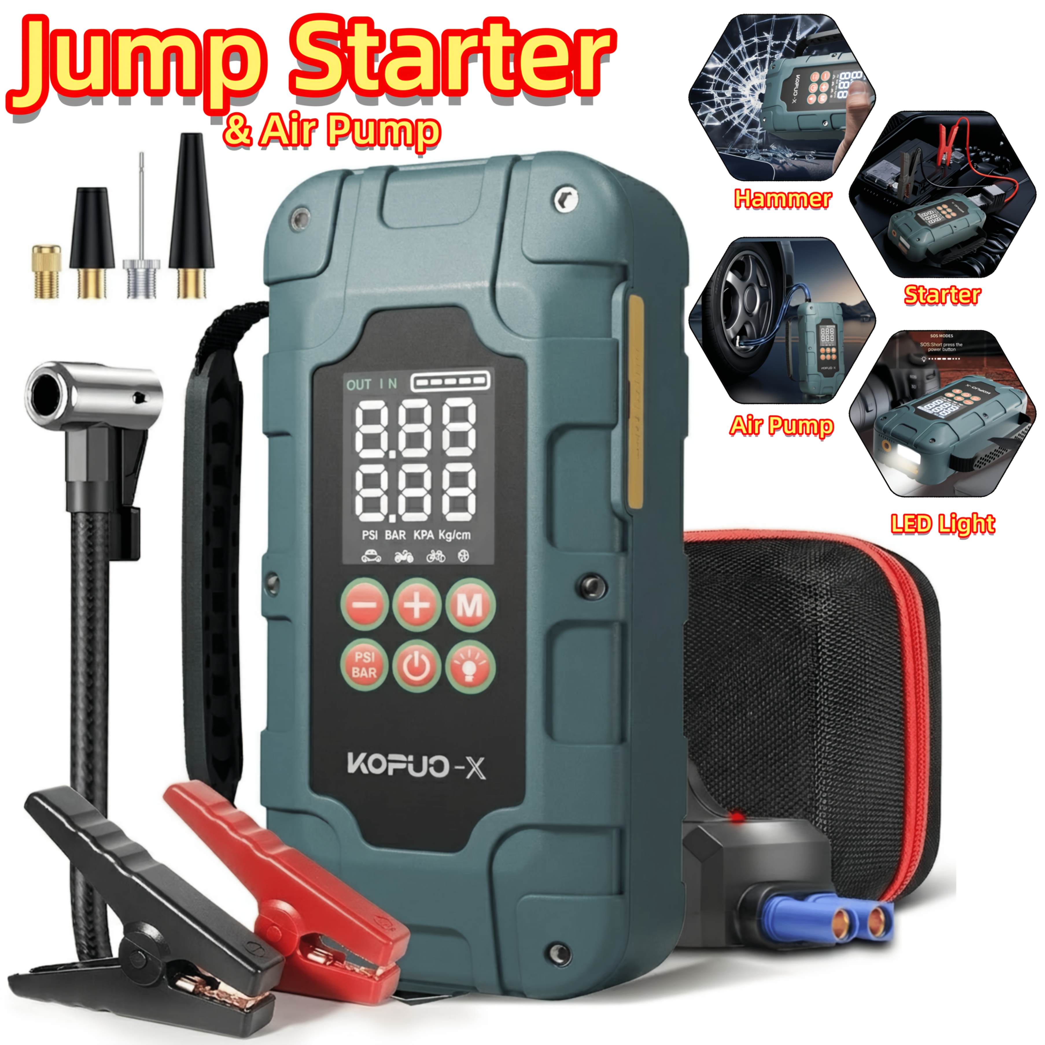 TEMU Konpcoiu Professional 8000/10000a 12v Car Jump Starter With Air Compressor For V8 Gas Engines, Portable Battery Booster With Clamps, Carry