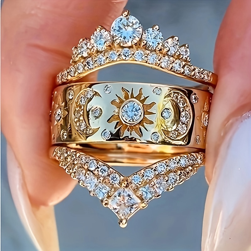 

3-piece Set Of Golden Women's Wedding Engagement Rings Symbolizing The Of Sun And Moon, Eternal Love, Elegant And Luxurious Style Jewelry