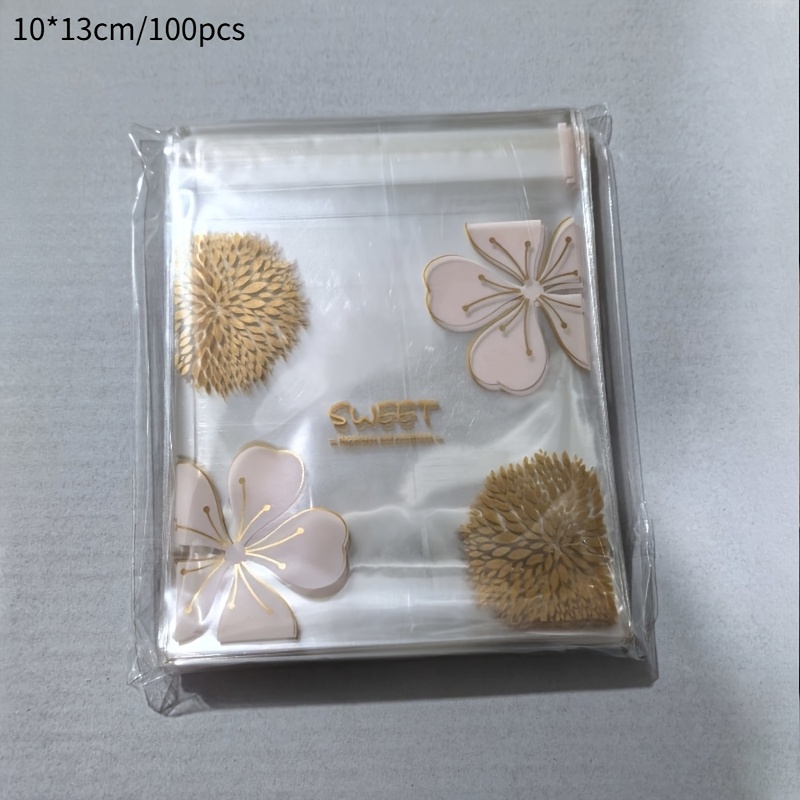 TEMU 100pcs Pink Cherry And Sunflower Design Self-adhesive Opp Plastic Bags - Transparent, Reusable Gift Packaging For Holidays, Parties, , Gift Bags
