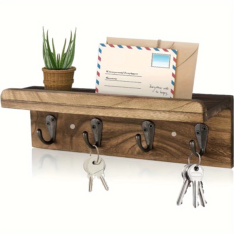 

1pc Rustic Wall Key Holder, Farmhouse Storage Shelf With 4 Hooks, Wall-mounted Key Rack, Wooden Mail Organizer With Key Hooks, Entryway Room Decor