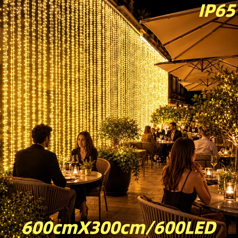 TEMU Guirlande Lumineuse LED Rideau de 19,8 pieds x 9,9 pieds, Guirlande Lumineuse Blanc Chaud à Piles avec 8 Modes d'Éclairage pour Mariage, Fête,