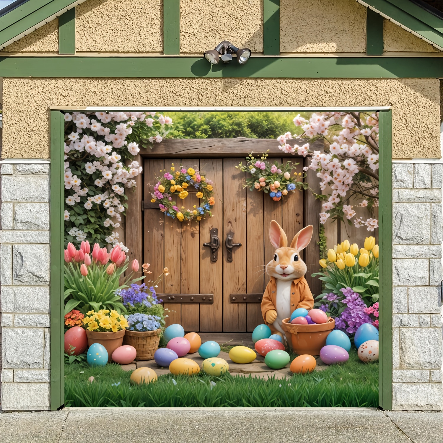 

Rabbit Flower Wreath Garage Banner - 8x7ft Polyester Background For Indoor Family Gatherings & Outdoor Garden Parties, Spring Decoration