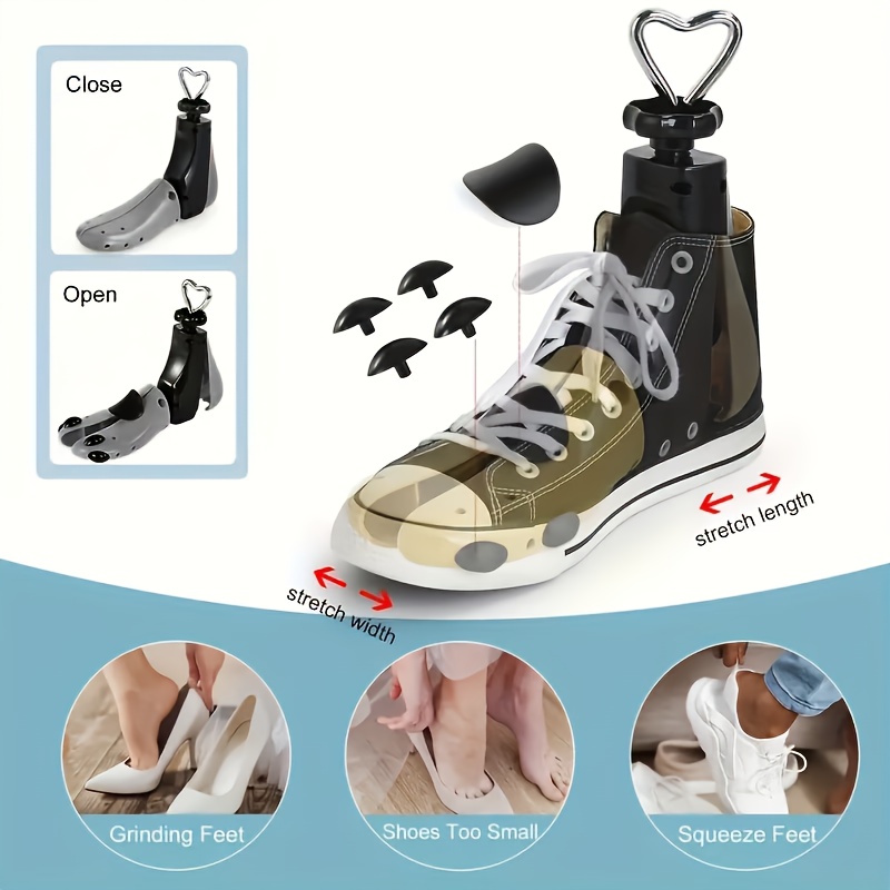 2 piezas (1 estirador de zapatos + 1 calzador) Unisex, ajustables, de plástico, adecuados para varios tipos de zapatos: zapatos de cuero, zapatillas altas y bajas