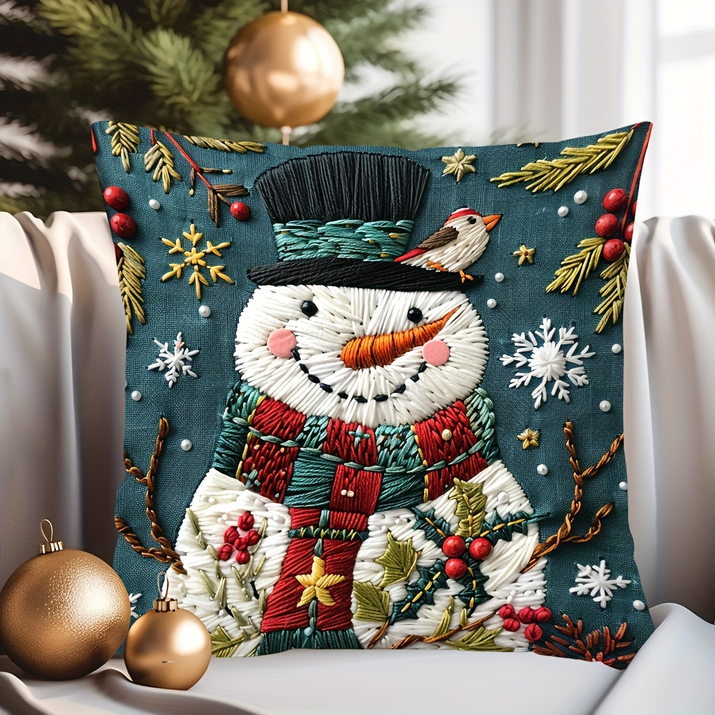 

1pc Christmas Snowman And Trees Digital Printed Cushion Cover 17.7" X 17.7" With Zipper Closure For Sofa, Living Room, Bedroom Decor, Contemporary Style Woven Polyester, Machine Wash Prohibited