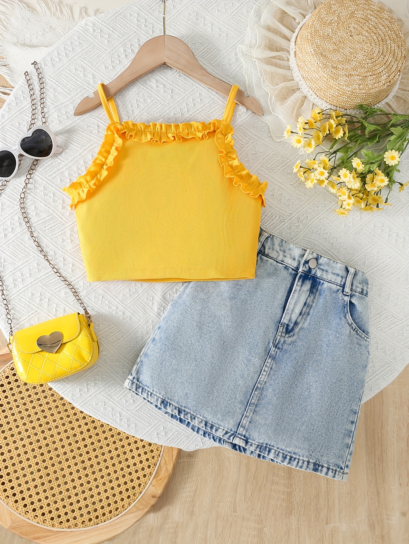 girl jeans girls' summer lace camisole t shirt denim skirt Temu