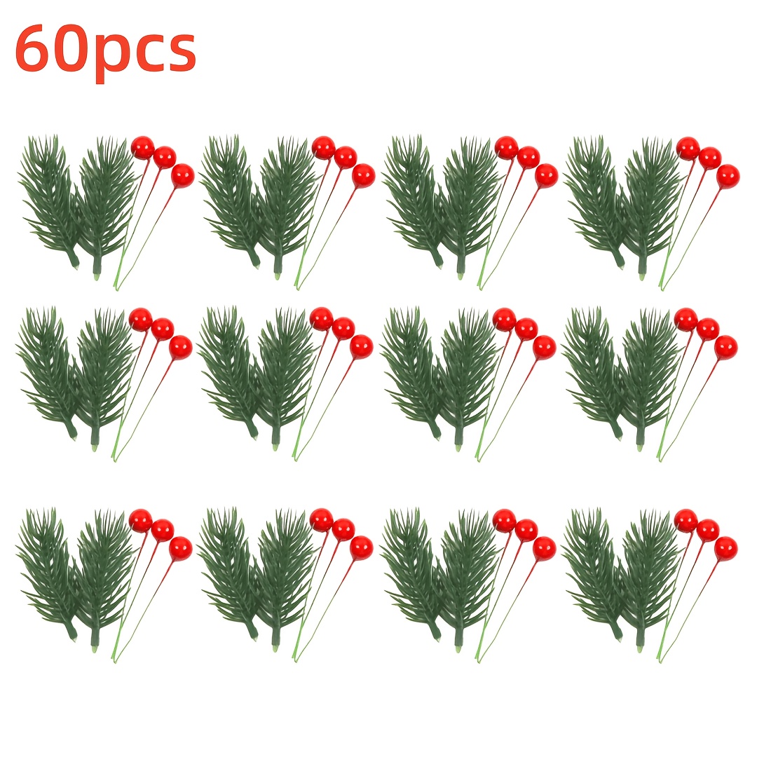 TEMU 60 stuks Kunstmatige Dennen Takken met Rode - Inclusief 24 stuks Kunstmatige Dennenbladeren en 36 stuks Rode , Kerstboom Decoraties, Dichte