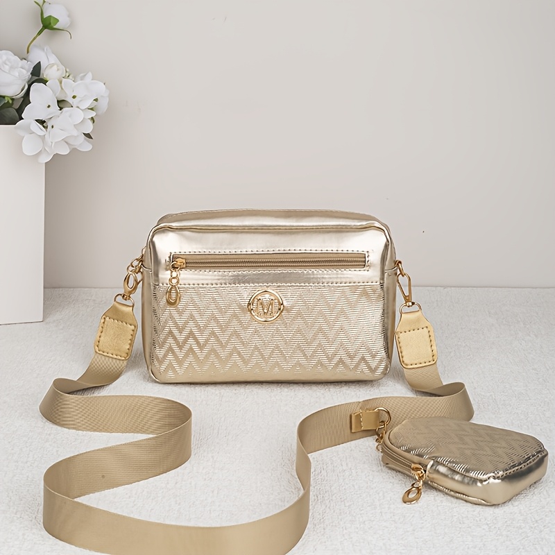 TEMU 2pcs Wavy Body Bag Set For Women, Metallic Texture Camera Bag And Mini Coin Purse, Wide Shoulder Strap Casual All-match Handbag