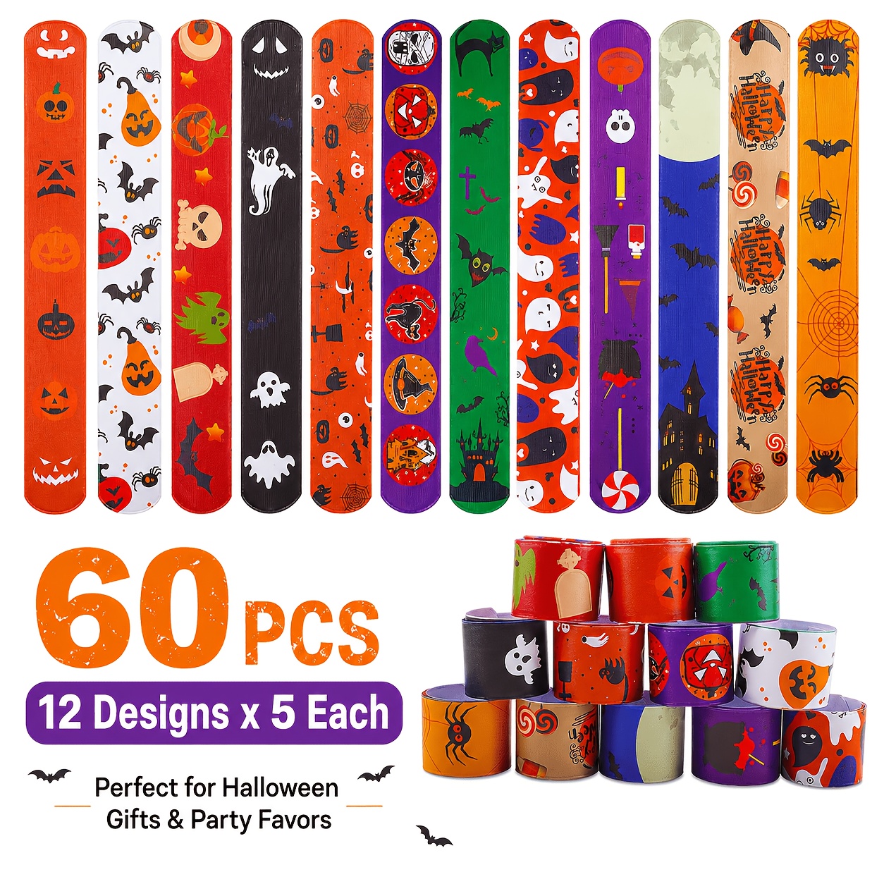 Image of Gift For Her/him 60pcs For Halloween Slap Bands For Kids, 12 Unique Pumpkin Bat Designs, Snap Bands Bulk For Halloween Party Favors, Trick Or Treat Fillers, Classroom Prizes And Kids Gifts Christmas