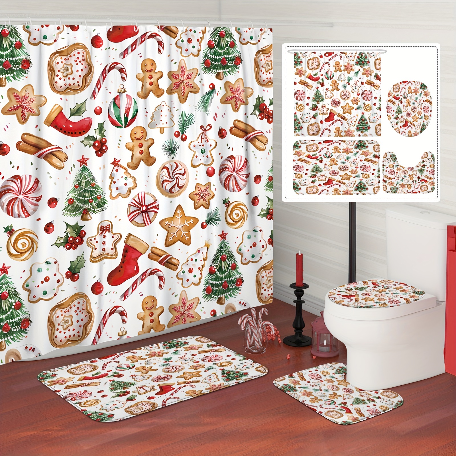 

1/4pcs Christmas Bathroom Curtain & Mat Set, Free Punching - Bathroom Curtain, Bathroom Carpet, U-shaped Rug & Lid Mat, For Bathroom Bathtub , Bathroom Accessories, Bathroom Decorations