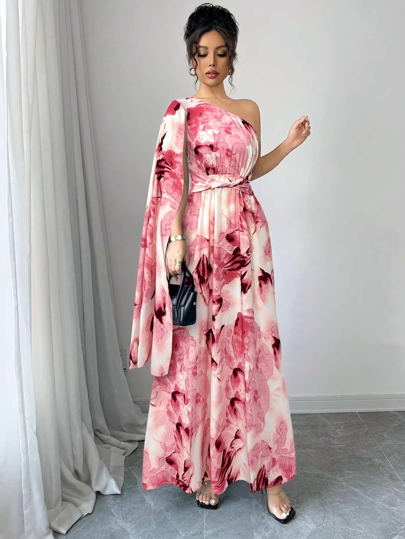 womens elegant single shoulder tropical floral print maxi - Temu United  Arab Emirates