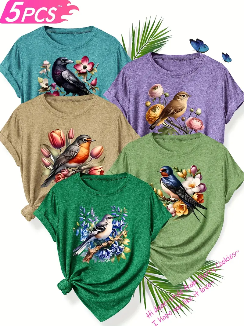 5pcs set of sisters simple and cute animal plant flower pattern printed elegant womens spring summer and autumn round neck short sleeve t shirt multi color s xxl Product details 9