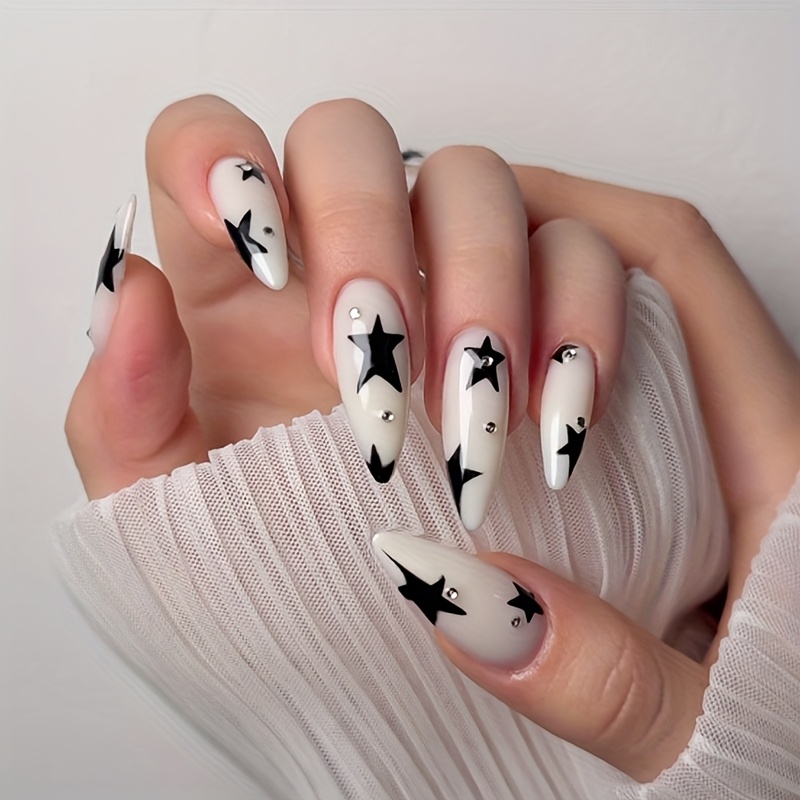 TEMU 24pcs Almond-shaped Fake Nails With Black And Bright Embellishment Are Suitable For Women And To Wear At Holiday Parties
