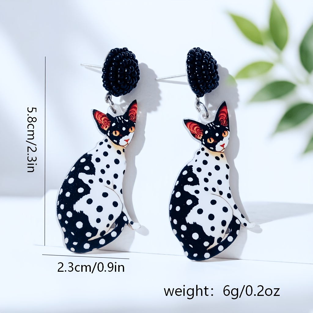 Handmade Cute Y2K Black and White Polka Dot Cat-Shaped Earrings