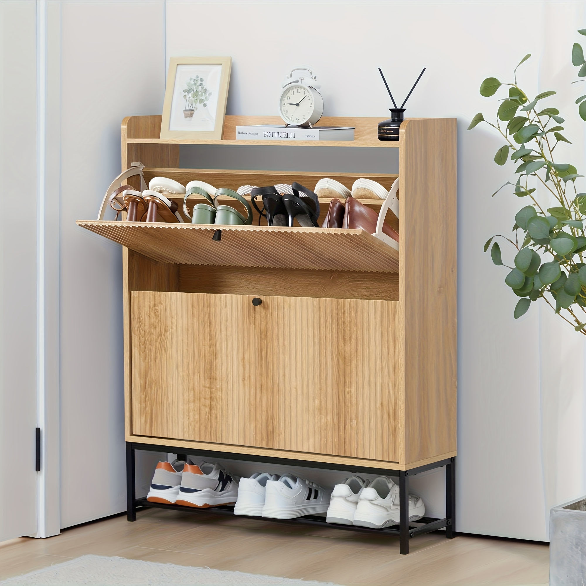 Image of Fluted Shoe Cabinet With 2 Flip Drawers, Modern Slim Shoe Storage Organizer, Narrow Entryway Shoe Rack, Wooden Shoe Cabinet With Metal Legs For Heels, Boots, Slippers In Entrance