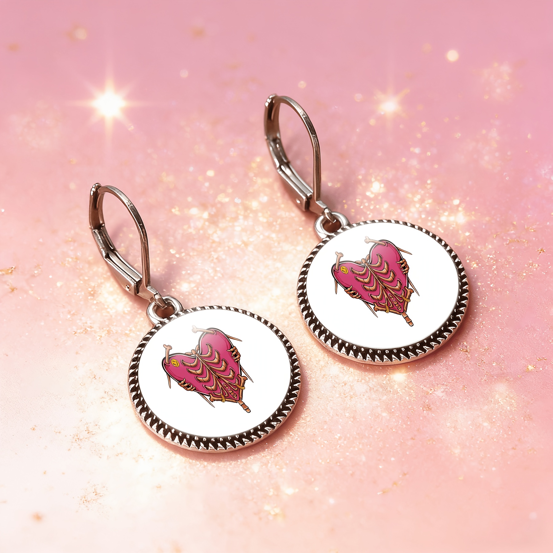 3pc Pink Heart Necklace & Earrings Set for Women, Classic Design