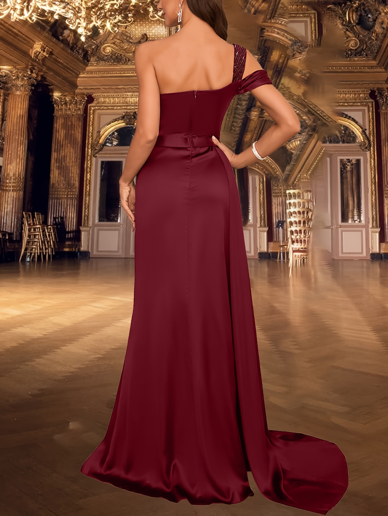elegant one shoulder backless floor length satin gown high