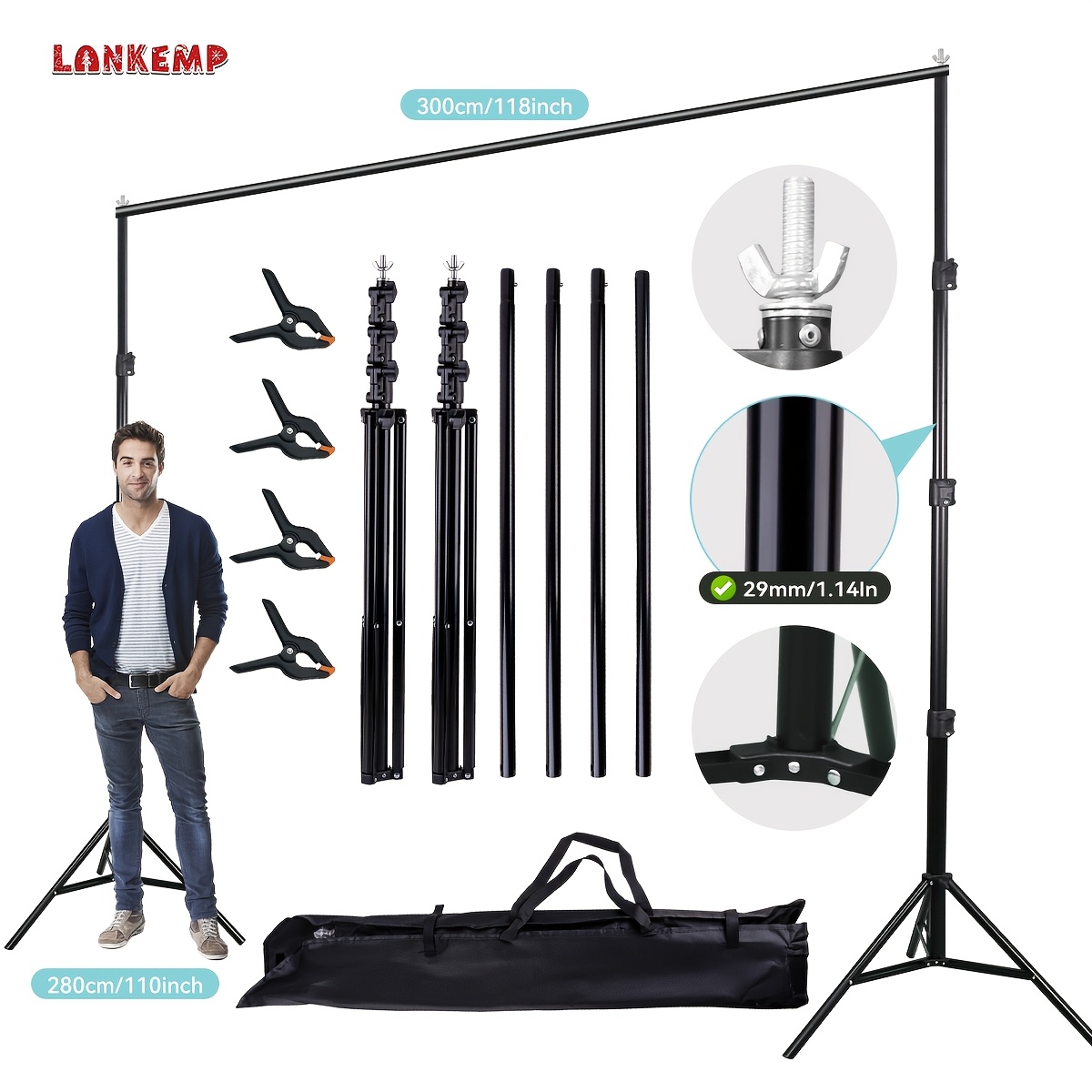 

Lankemp 9 X 10ft Photo Background Stand Kit, Adjustable Background Stand System Kit With Carry Case, Suitable For Photography, Video Studio, Party Decoration, Advertising Display