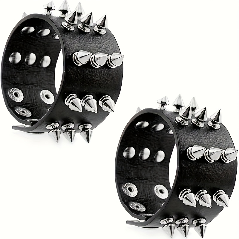 2pcs Punk Stud Bracelets Black Faux Leather Studded Wristbands Unisex Snap Design Gothic Rock Style Wristbands Halloween Party Gift Additions, For Teenager, For Teenager